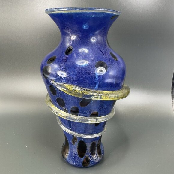 2001 Cliff Goodman Art Glass Vase Vessel Spiral Cobalt Blue Gold Specks Signed - Picture 13 of 16
